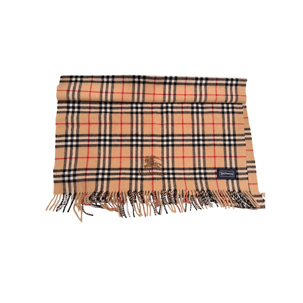 Burberrys Vintage Nova Check Wool Scarf Camel Plaid Knight Logo 65x120cm